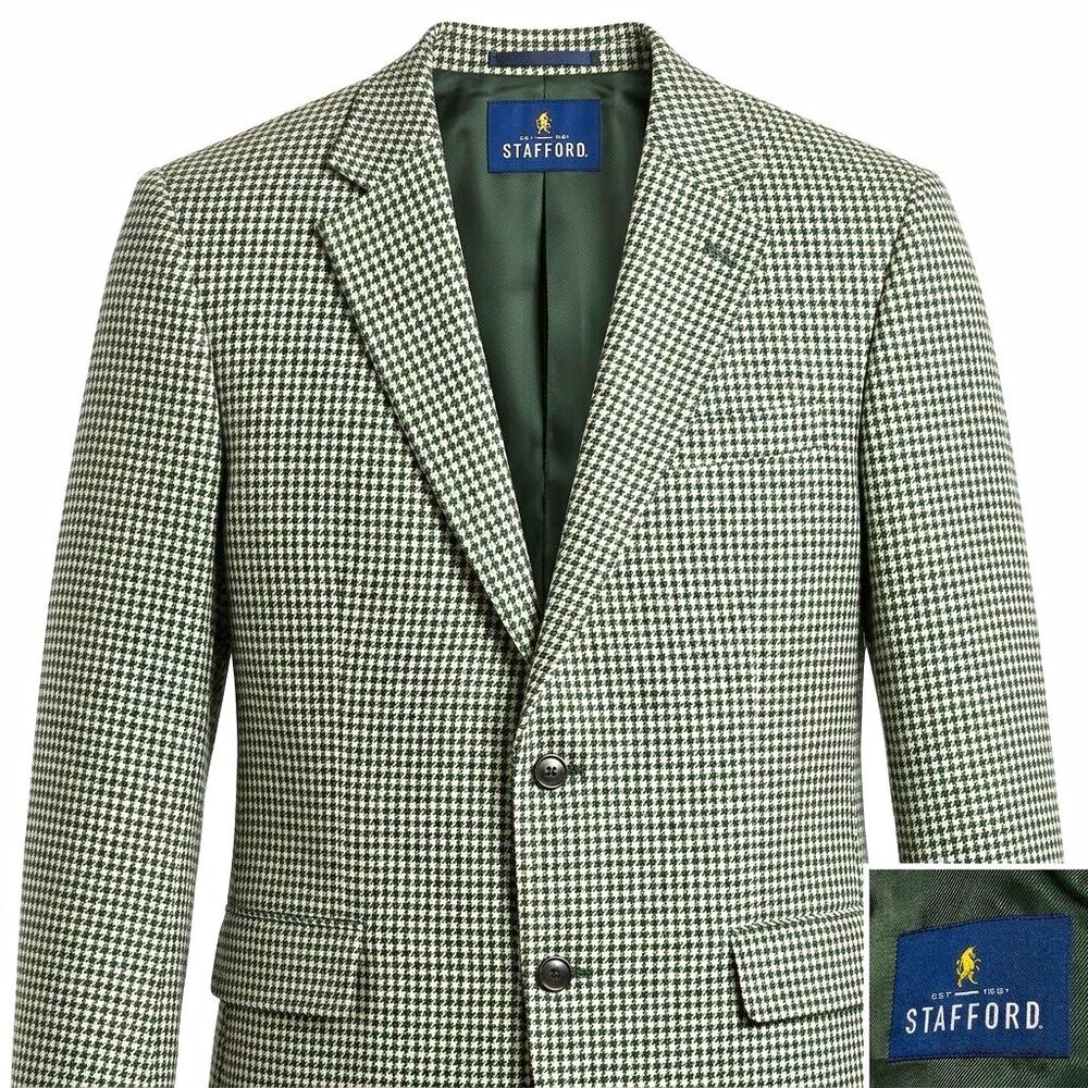 Stafford Mens Suit Jacket 50R Green/White Houndstooth Wool Twill 2-Button